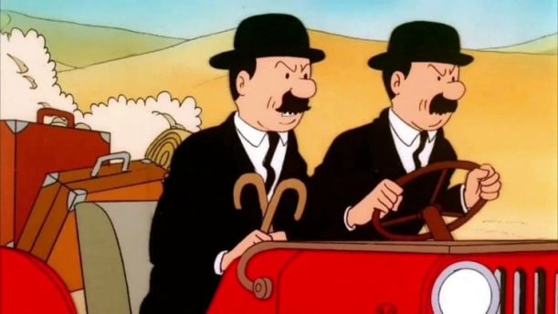 Jansen en Janssen uit Kuifje, Denken en Doen, wie weet de weg en wie is de chauffeur